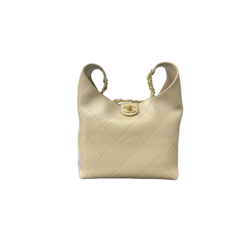 CH@NEL SHINY LAMBSKIN QUILTED HOBO BEIGE(35*30*14)