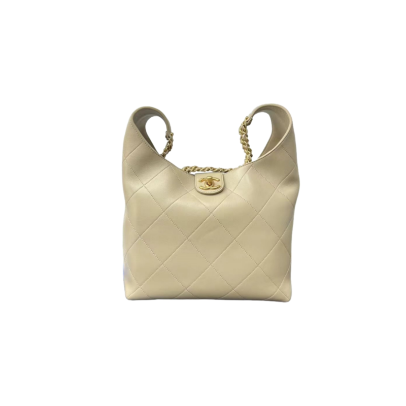 CH@NEL SHINY LAMBSKIN QUILTED HOBO BEIGE(35*30*14)