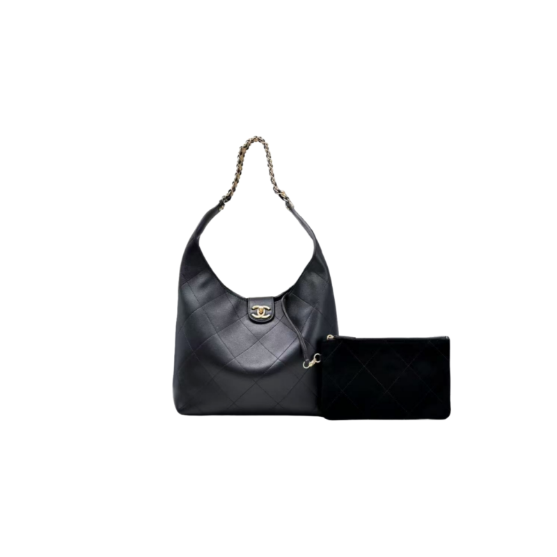 CH@NEL BLACK LEATHER CHAIN HOBO BAG（35*30*14cm）