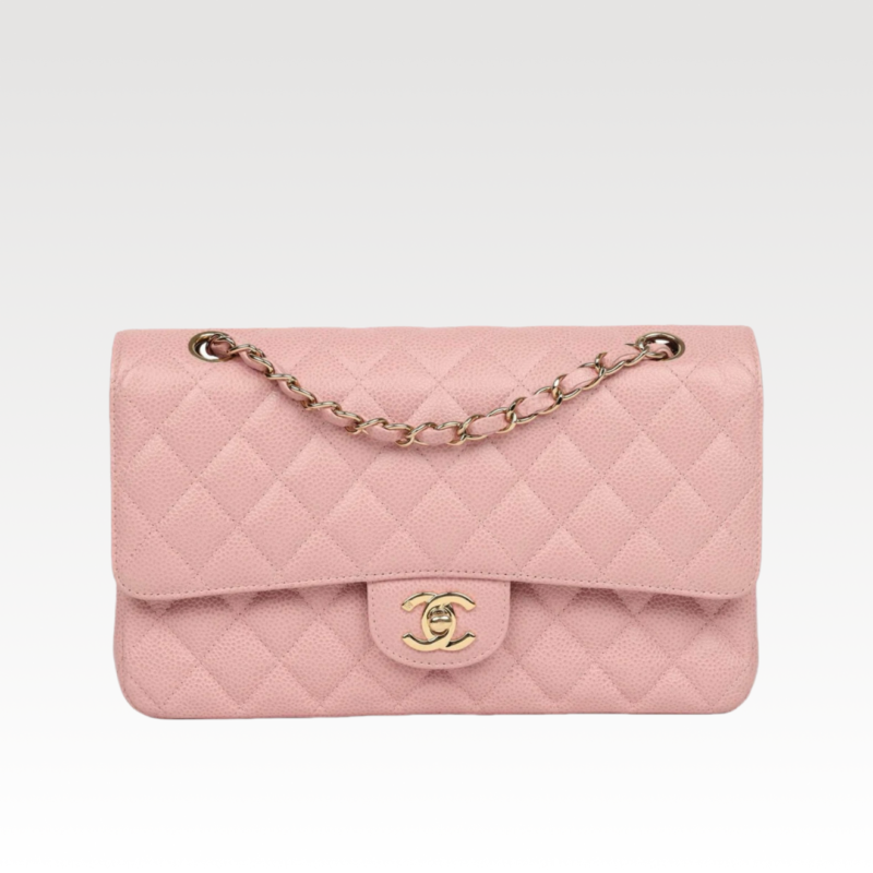 Ch@nel Medium Classic Double Flap Bag Light Pink Caviar （15.5×25.5×6.5）