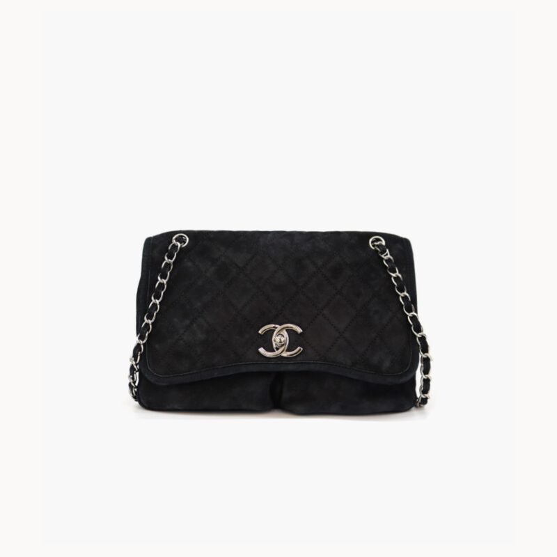 CHA@NEL LARGE ULTRA SOFT SUEDE CALFSKIN NATURAL BEAUTY FLAP BLACK (33*22*9cm)