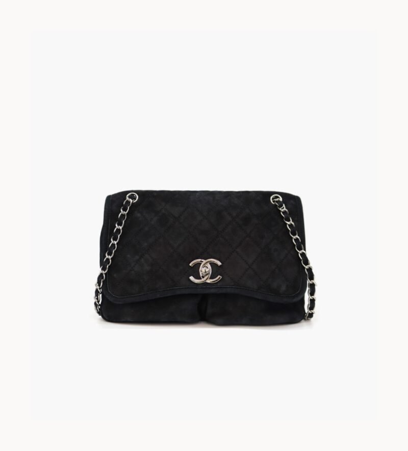 CHA@NEL LARGE ULTRA SOFT SUEDE CALFSKIN NATURAL BEAUTY FLAP BLACK (33*22*9cm)