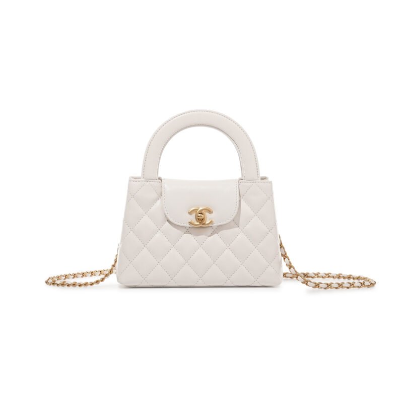 CH@NEL MASTER WHITE QUILTED CALFSKIN MINI KELLY BAG BRUSHED GOLD HARDWARE AS4416 (19*13*7cm)