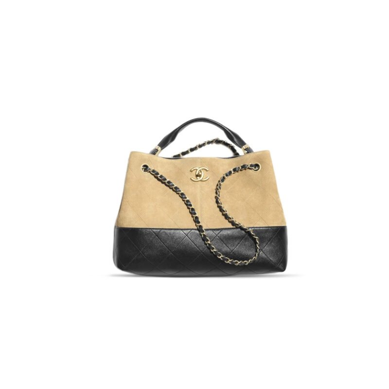 CH@NEL SHOPPING BAG SUEDE CALFSKIN, SHINY LAMBSKIN & GOLD-TONE METAL BEIGE & BLACK AS5634 (36*24*12cm)