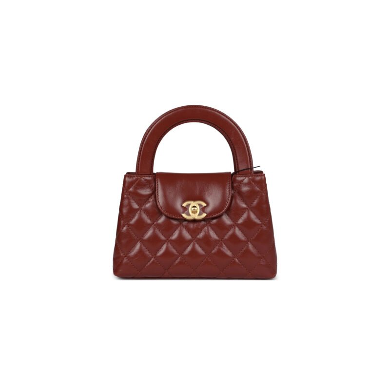 CH@NEL MASTER BROWN QUILTED CALFSKIN MINI KELLY BRUSHED GOLD HARDWARE AS4416 (19*13*7cm)