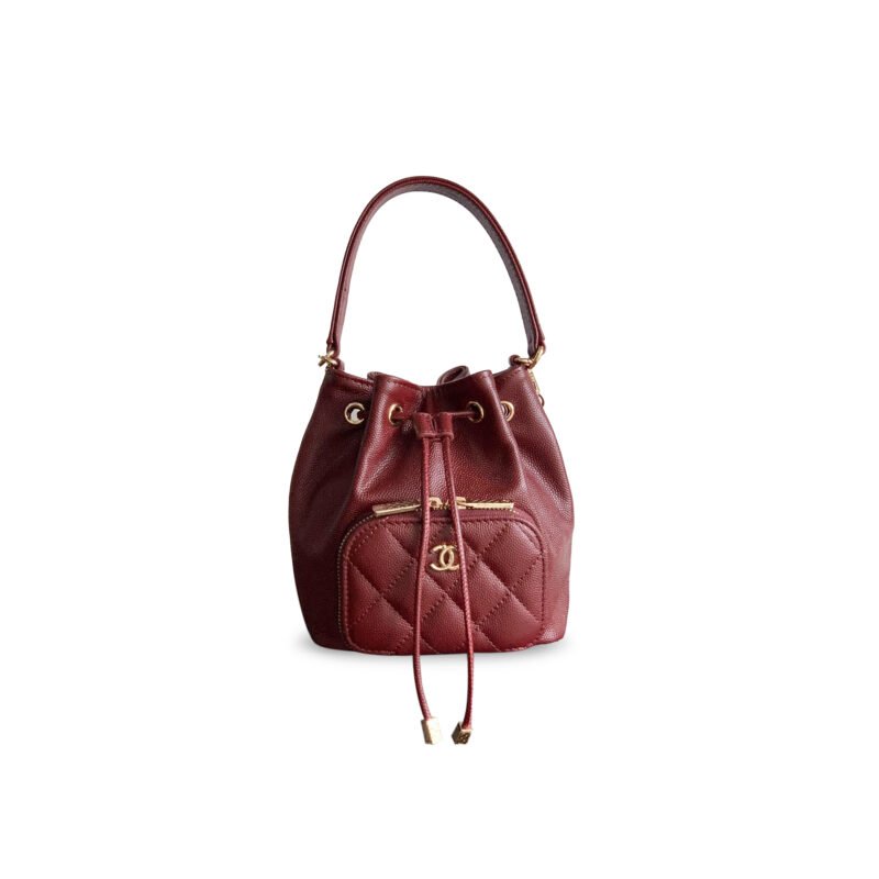 CH@NEL CAVIAR QUILTED MINI CC POCKET BUCKET BAG CLARET AP2913 (12.5*10*7cm)