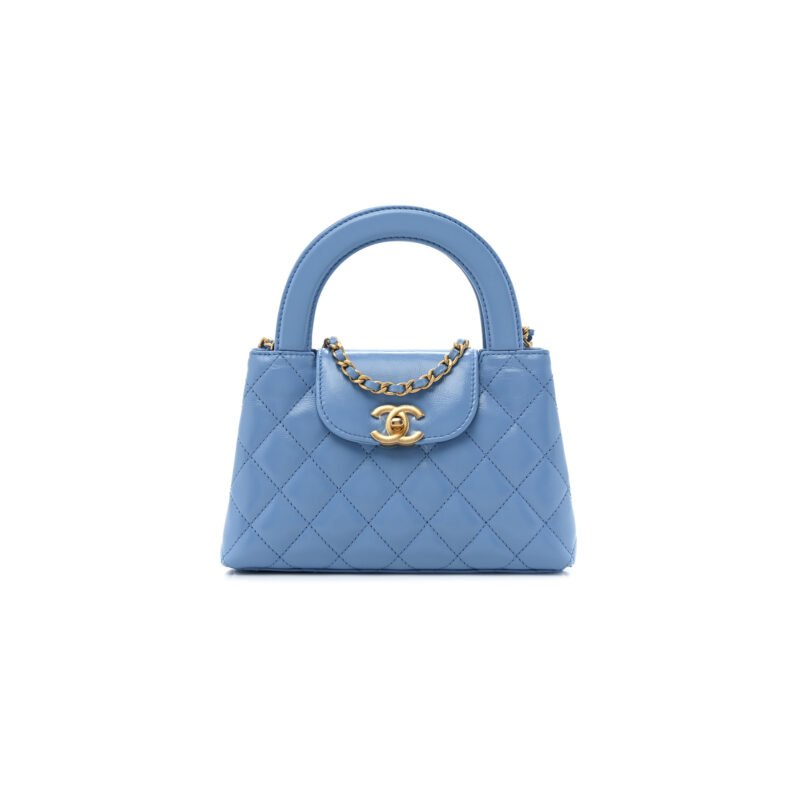 CH@NEL MASTER SHINY CALFSKIN QUILTED NANO KELLY SHOPPER BLUE AS4416 (19*13*7cm)