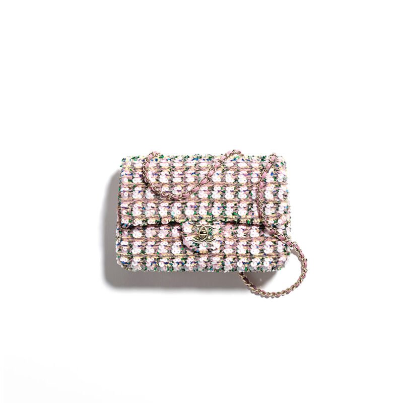 CH@NEL FLAP BAG SEQUINS & GOLD-TONE METAL LIGHT PINK, GREEN & YELLOW AS4561 (21*14*8cm)