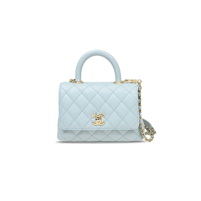 CH@NEL LIGHT BLUE CAVIAR LEATHER HANDBAG AS2215 (18*13*9cm)