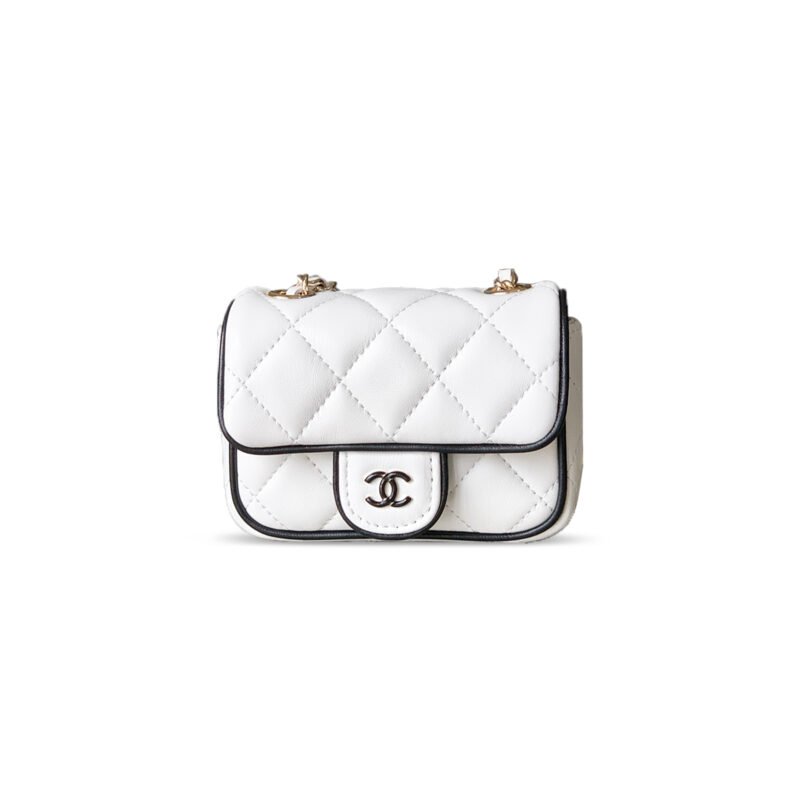 CH@NEL MINI FLAP BAG, LAMBSKIN, WHITE & BLACK AP4512 (11.5*8.5*4cm)