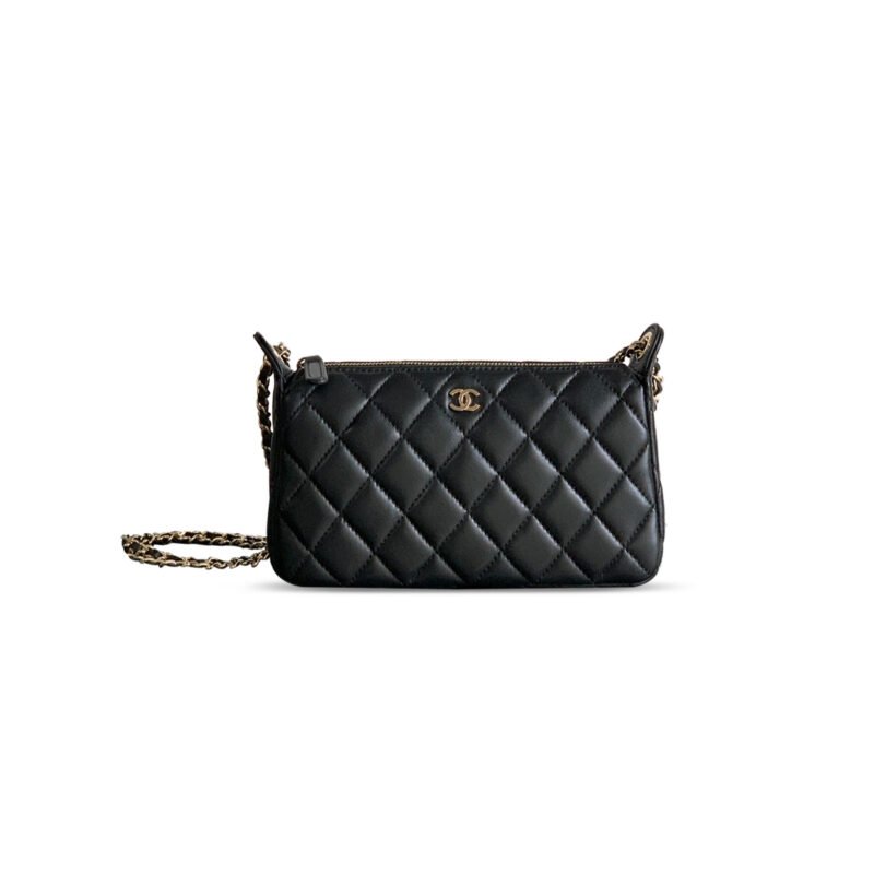 CH@NEL GRAINED CALFSKIN 25B CLUTCH WITH CHAIN BAG IN BLACK 253911 (21*12*5.5.cm)