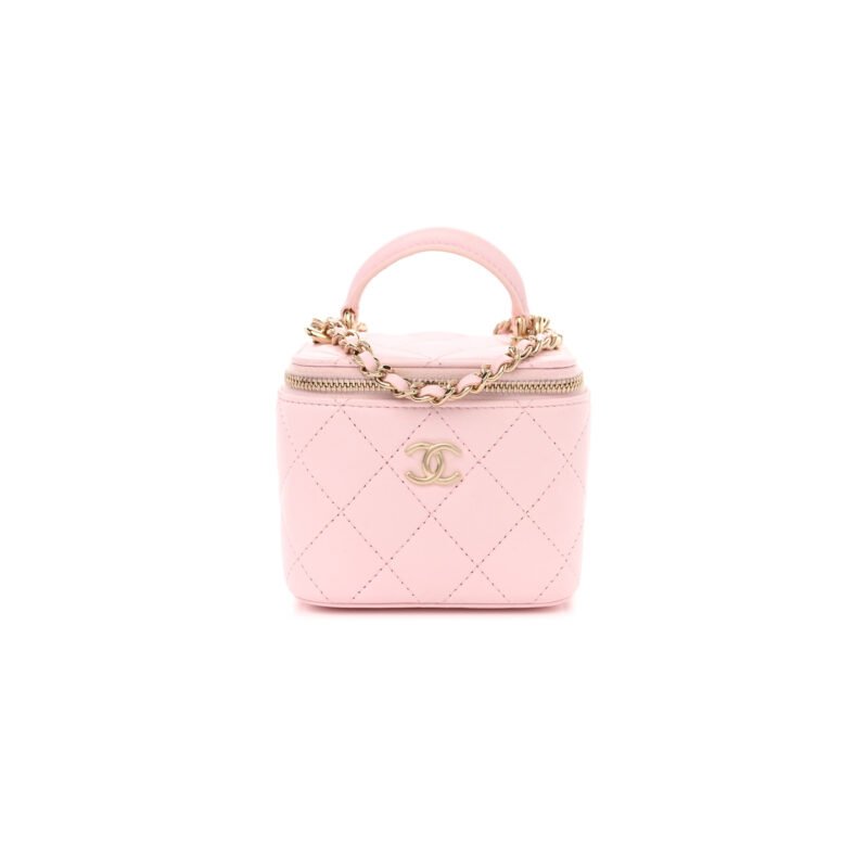CH@NEL LAMBSKIN QUILTED MINI TOP HANDLE VANITY CASE WITH CHAIN LIGHT PINK 1334686 (10*9*7cm)