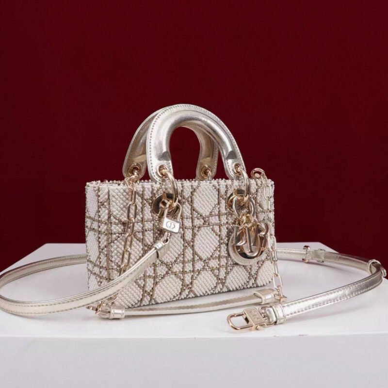DIOR Lambskin Pearl Embroidered Micro Lady D-Joy Gold