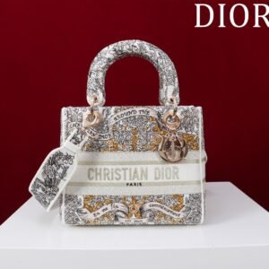 DIOR Medium Lady D-Lite Bag Latte Embroidery with Gold-Tone Dior Around the World Motif