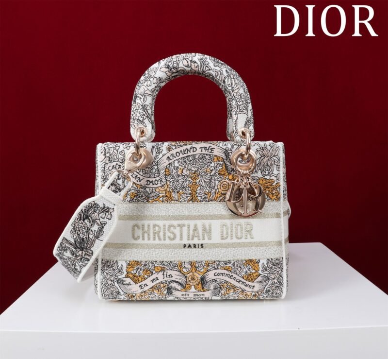 DIOR Medium Lady D-Lite Bag Latte Embroidery with Gold-Tone Dior Around the World Motif