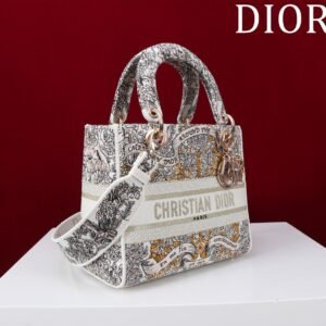 DIOR Medium Lady D-Lite Bag Latte Embroidery with Gold-Tone Dior Around the World Motif