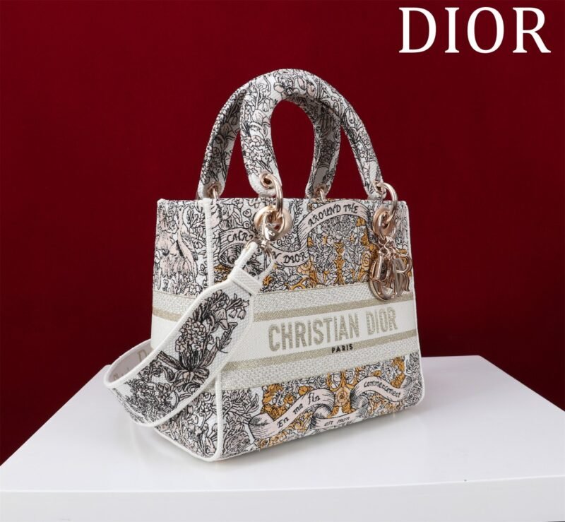 DIOR Medium Lady D-Lite Bag Latte Embroidery with Gold-Tone Dior Around the World Motif