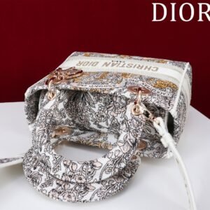 DIOR Medium Lady D-Lite Bag Latte Embroidery with Gold-Tone Dior Around the World Motif
