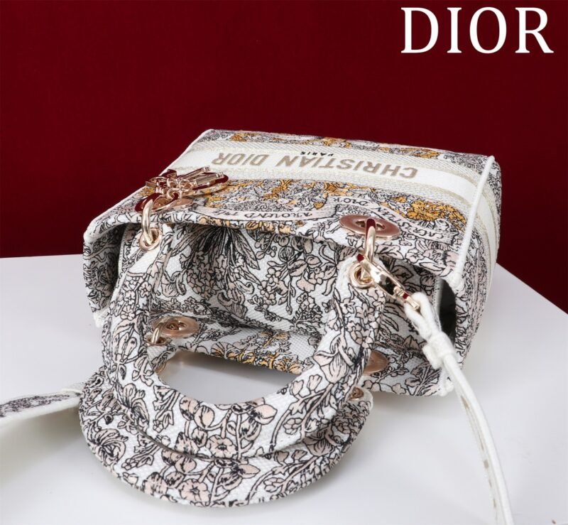DIOR Medium Lady D-Lite Bag Latte Embroidery with Gold-Tone Dior Around the World Motif
