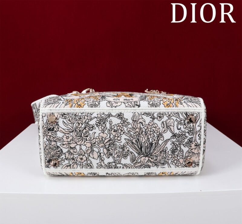 DIOR Medium Lady D-Lite Bag Latte Embroidery with Gold-Tone Dior Around the World Motif