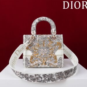 DIOR Medium Lady D-Lite Bag Latte Embroidery with Gold-Tone Dior Around the World Motif