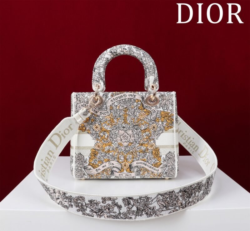 DIOR Medium Lady D-Lite Bag Latte Embroidery with Gold-Tone Dior Around the World Motif