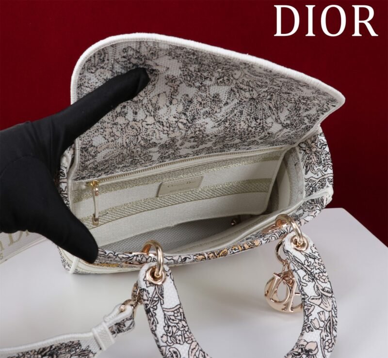DIOR Medium Lady D-Lite Bag Latte Embroidery with Gold-Tone Dior Around the World Motif