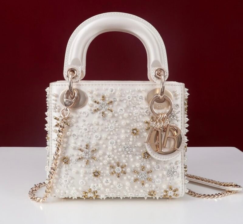 DIOR MINI Lady Embroidered Snowflake embroidery with beads in Calfskin