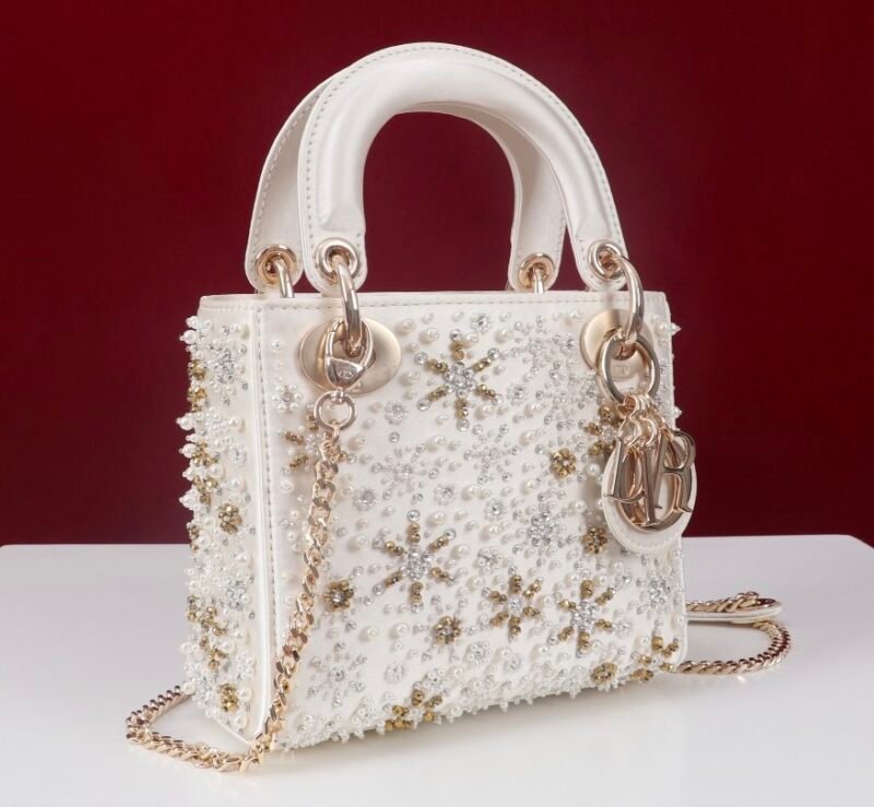 DIOR MINI Lady Embroidered Snowflake embroidery with beads in Calfskin