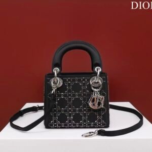DIOR Mini Lady Dior Bag Black Strass Cannage Satin