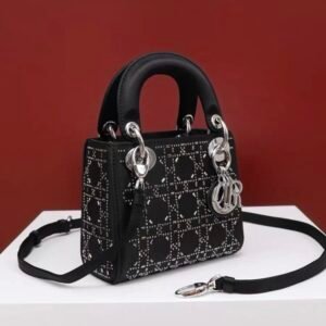 DIOR Mini Lady Dior Bag Black Strass Cannage Satin