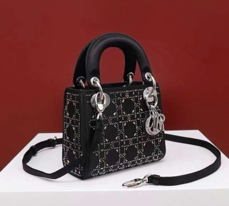 DIOR Mini Lady Dior Bag Black Strass Cannage Satin