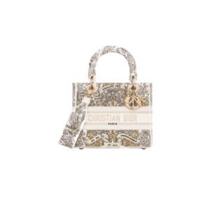 DIOR Medium Lady D-Lite Bag Latte Embroidery with Gold-Tone Dior Around the World Motif