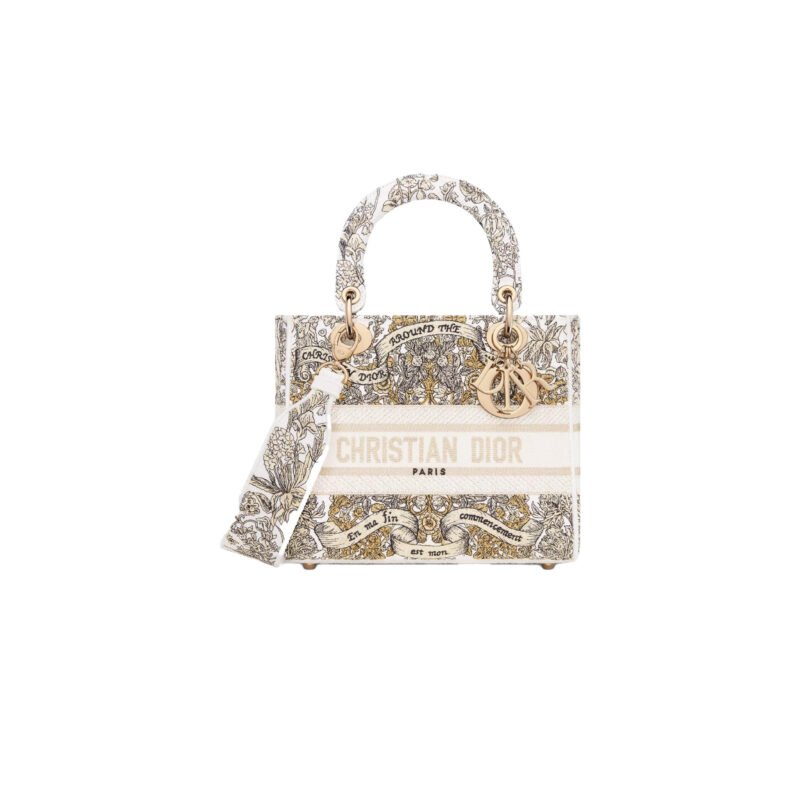 DIOR Medium Lady D-Lite Bag Latte Embroidery with Gold-Tone Dior Around the World Motif